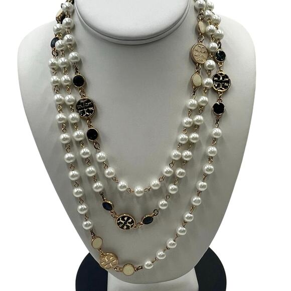 Tory Burch Authentic Long
Pearl Logo Medallion
Multi-Strand Gold 60" Necklace - Picture 1 of 15